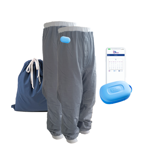 Pjama treatment pants starter kit including two Pjama pants, sensor, bedwetting alarm, Pjama App, protects bed and  bedwetting treatment solution